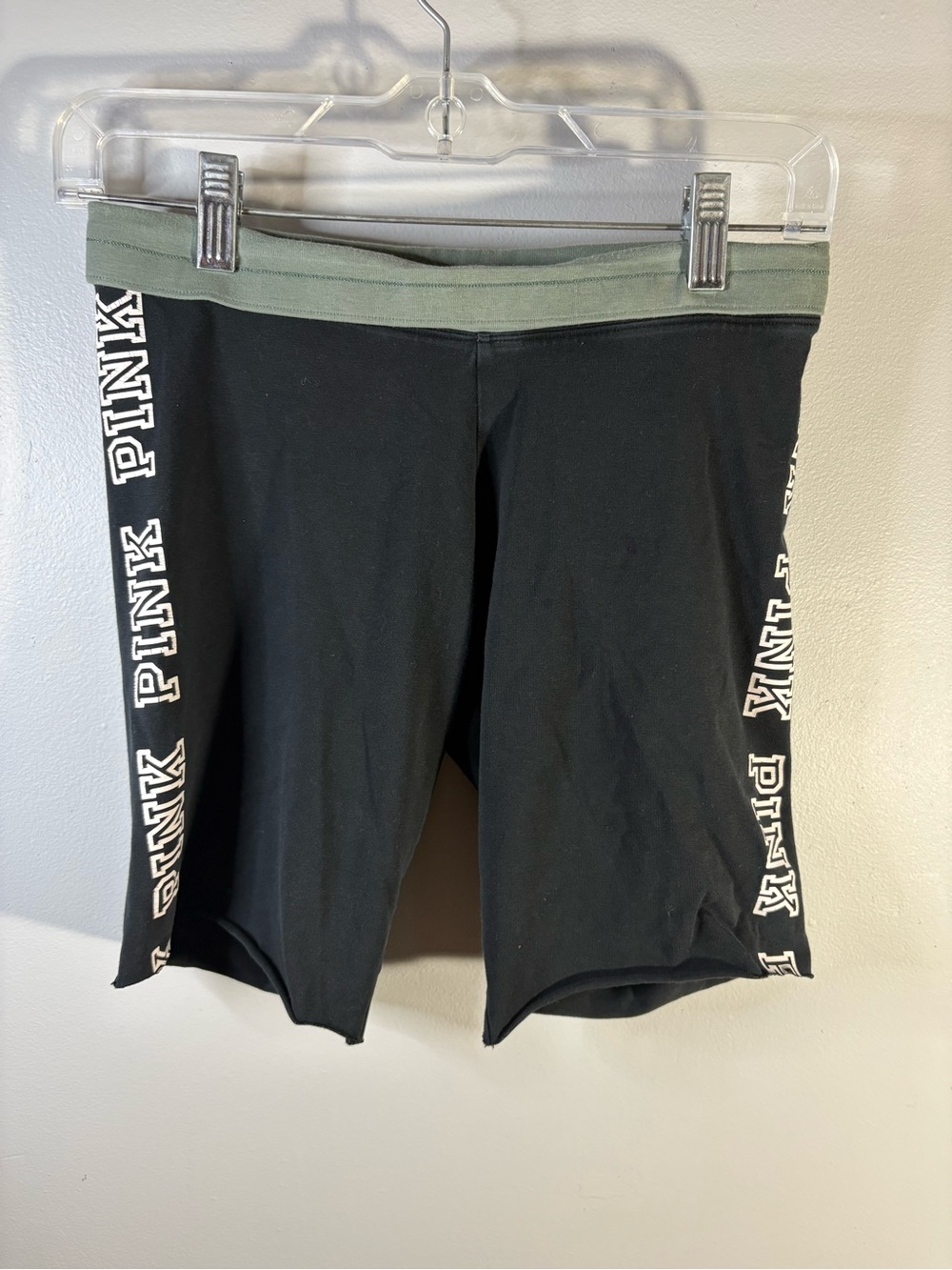 PINK Victoria's Secret Black Bike Shorts with Olive Waistband and Side Logo